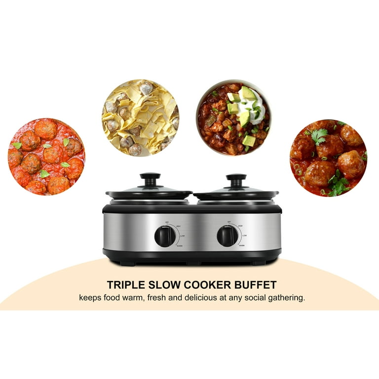 Dual Pot Slow Cooker, 2 Pot Small Mini Crock Buffet Server and Warmer,  Double Pot Buffet Food Warmer Adjustable Temp Lid Rests Stainless Steel,  Total 2.5 Quarts 