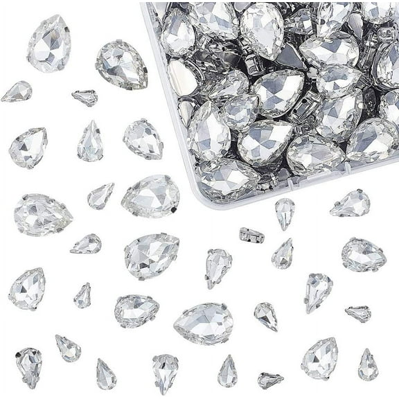 Sew on Rhinestone Glass Rhinestone with Platinum Tone Brass Prong Settings Garments Accessories Faceted Teardrop Clear 9x7.6x2.7cm 100pcs/box