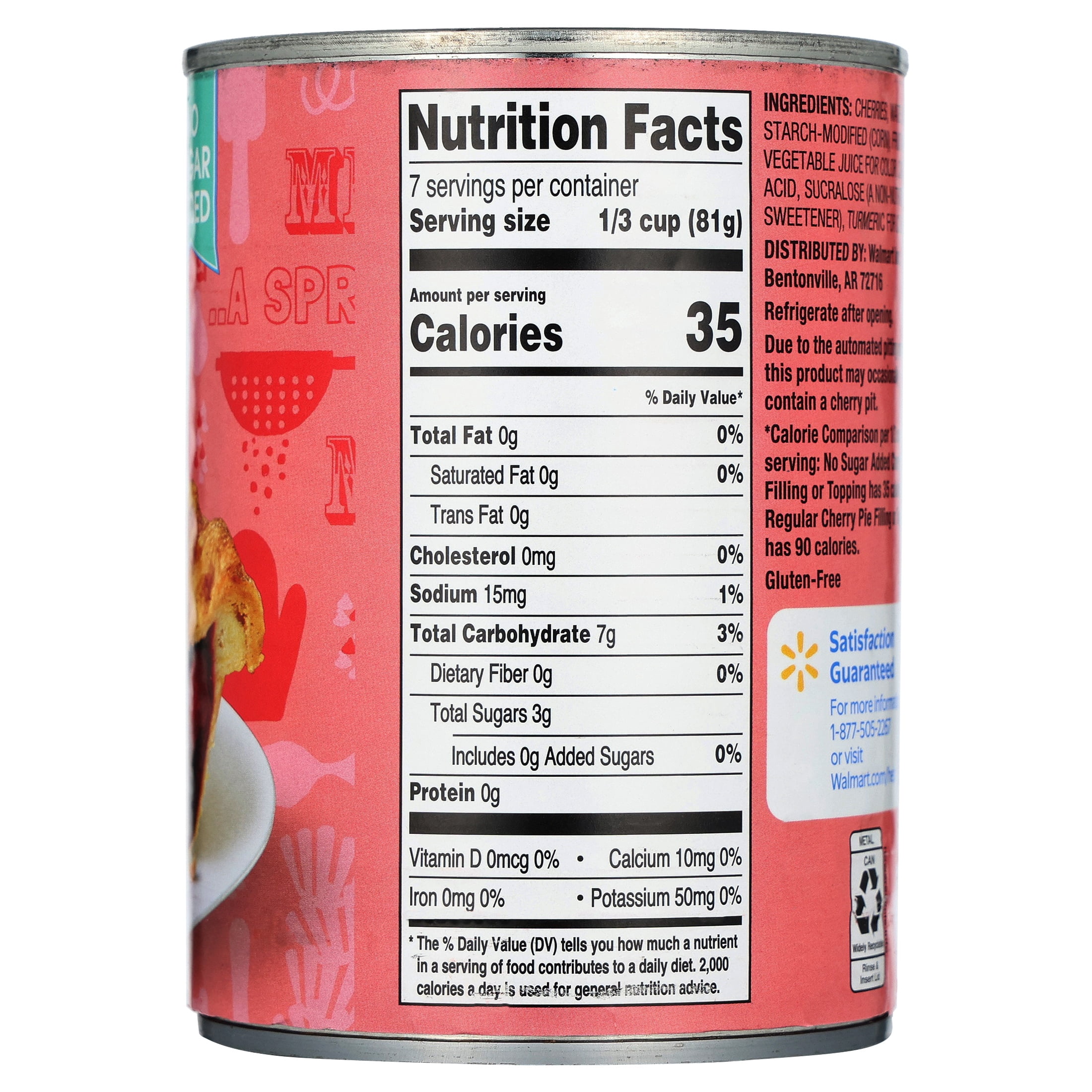 Great Value No Sugar Added Cherry Pie Filling or Topping, 20 oz Can