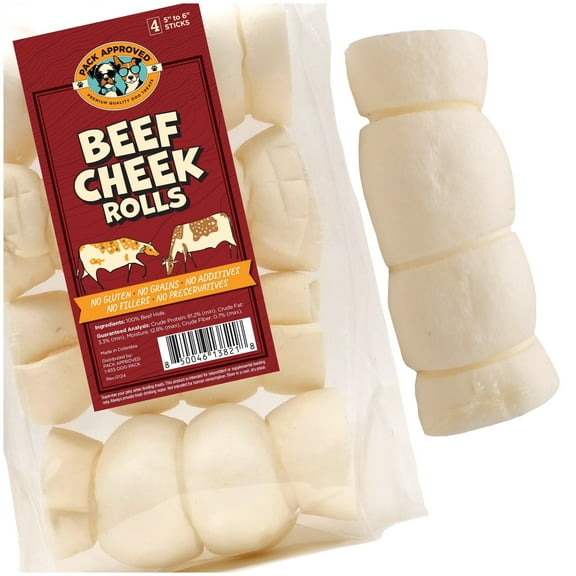 Pack Approved Beef Cheek Rolls for Dogs - Natural & Odor-Free Dog Rawhide Chews - 5 to 6 Inch Medium Beef Hide Dog Chews - 4 Pack