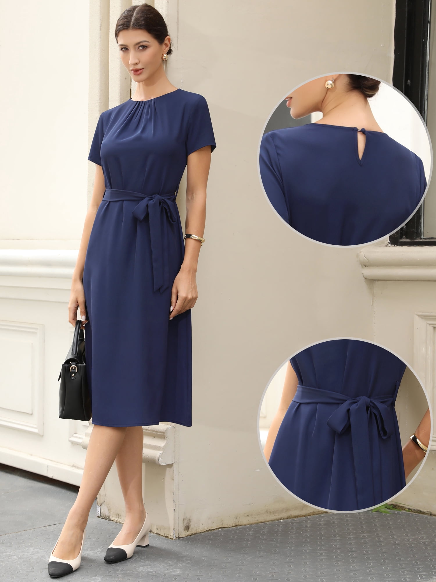 DARING DIVA Women's Polka Summer Short Sleeve A Line Flowy Dress for Work XS Navy Blue