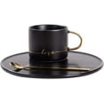 thumbnail image 2 of TJ Gobal Porcelain Coffee Mug, Tea Cup with Saucer and Golden Spoon with Gold Scripted Love and Trim for Espresso, Hot Chocolate, Cappuccino, and Latte, 8 Oz. Black, 2 of 7