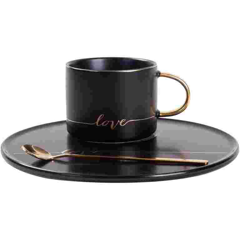 TJ Global Set Tazza Da Caffè In Porcellana Con Piattino Rettangolare E Cucchiaio Dorato - Scritta 'Love' In Oro - 226g, Bianco