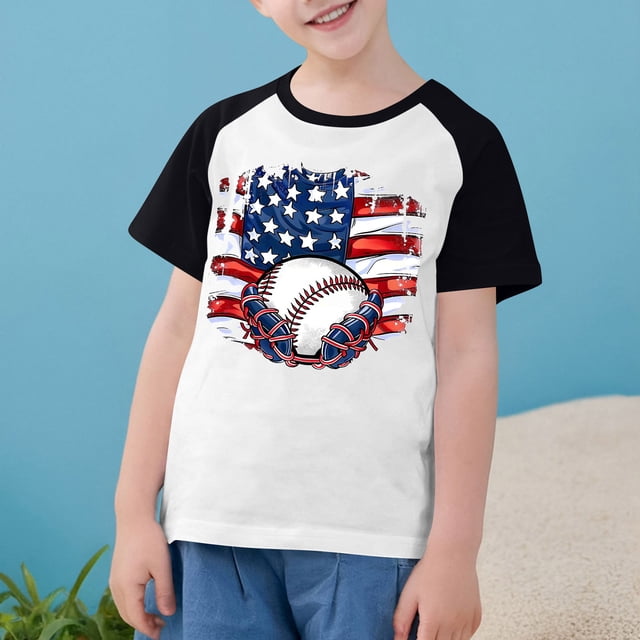 MKOSPLRT Baseball Shirt American Flag Enfants 3-14 Ans Manches Courtes Raglan Chandails Col Rond American Flag Shirts Économies d'Été Liquidation