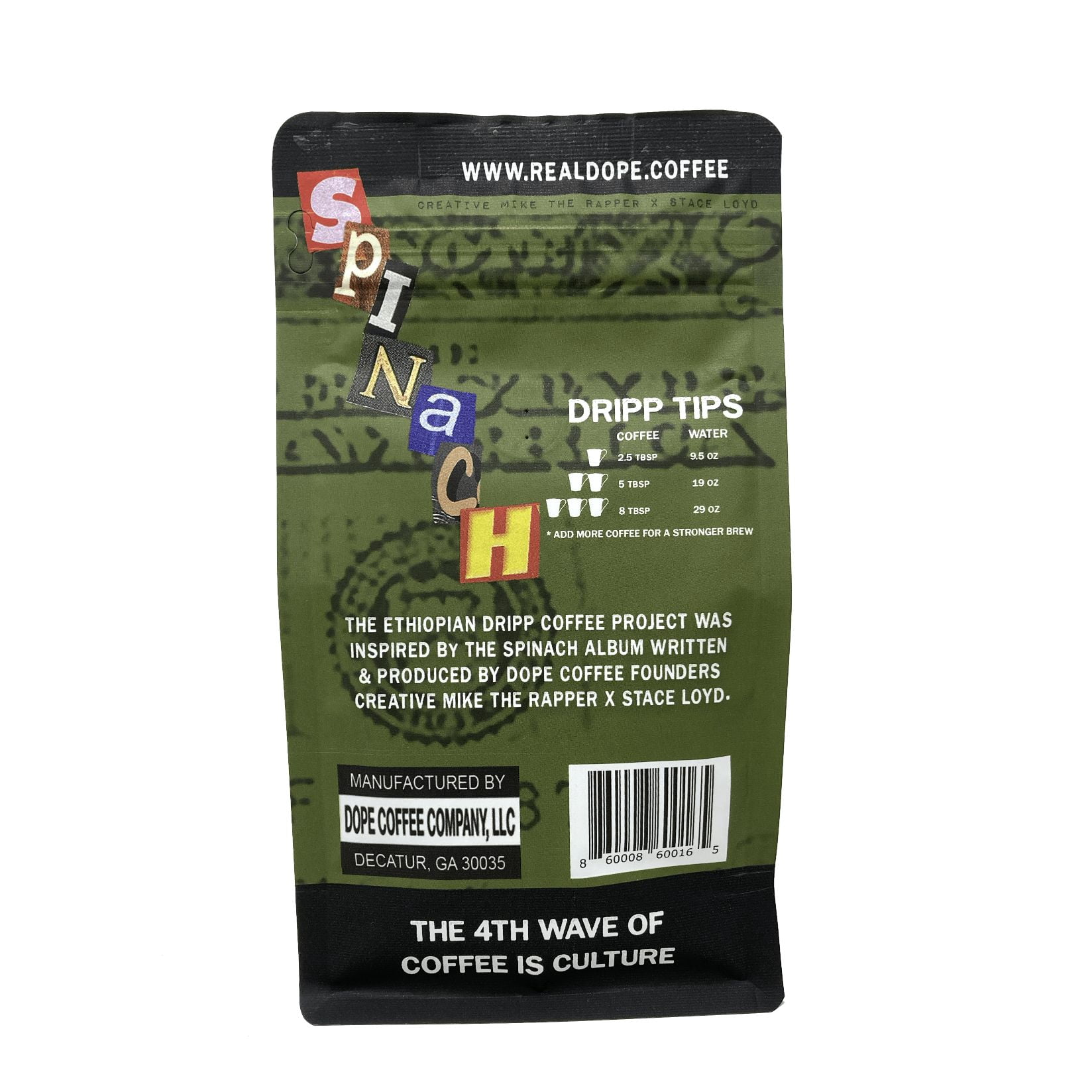 Dope Coffee, Ethiopian Dripp, Medium Roast, Whole Bean Coffee, Sidamo Region 100% Arabica, 12oz