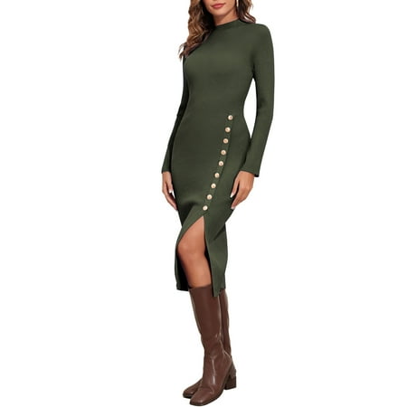 PrettyGuide Women s Mock Neck Sweater Dress Long Sleeve Fall Winter Ribbed Knit Bodycon Slit Midi Dress with Button