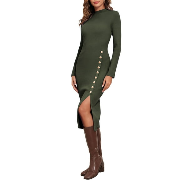 PrettyGuide Women's Mock Neck Sweater Dress Long Sleeve Fall Winter Ribbed Knit Bodycon Slit Midi Dress with Button