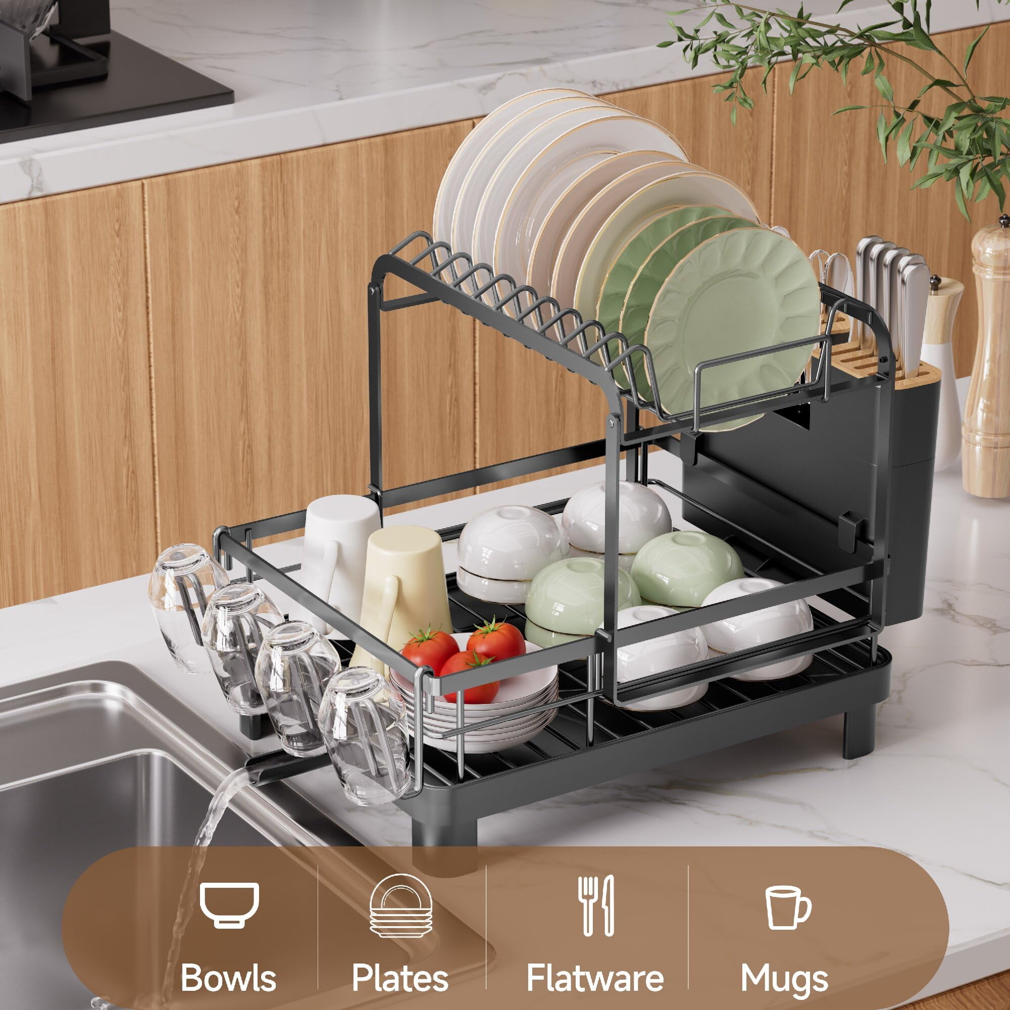 2-tier Dish Drying Rack  Large With Drainboard Set Detachable 4-in-1 Capacity Drainer Over The Sink Anti-rust For Kitchen Counter Black