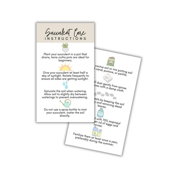 Succulent Care Instruction Cards with Icons 50pk 2x3.5 Home Propagated Plants for Sale Client Care How to Water Kit Plant Tags Labels