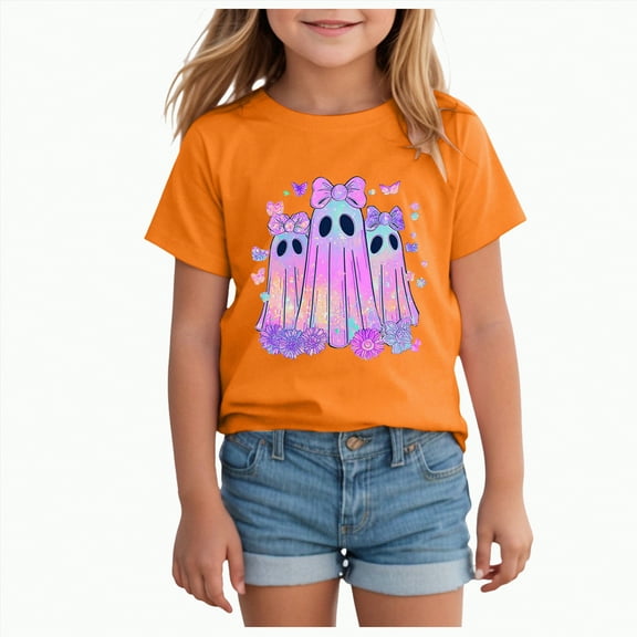 ORT Toddler Baby Girl Halloween Shirt Cute Ghost Pumpkin Floral T-Shirt Kids Spooky Season Short Sleeve Tee Fall Tops(Orange,2-3 Y)