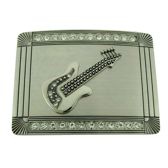 Music Guitar Electric Belt Buckle Guitarist Musician Silver Chrome Rhinestones