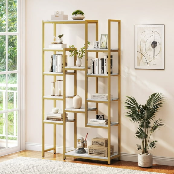 Dextrus 6 Tier Gold Bookshelf, 71” Tall Modern Free Standing Bookshelf with 12 Shelf Bookcase, Faux Marble Open Display Storage Book Shelves for Living Room Bedroom Office Home