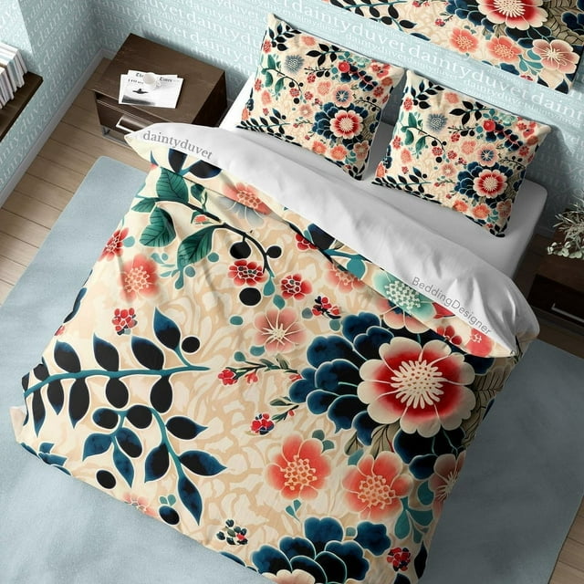 Juego de Ropa de Cama con Patrón Japonés, Funda Nórdica de Algodón Crisantemo,