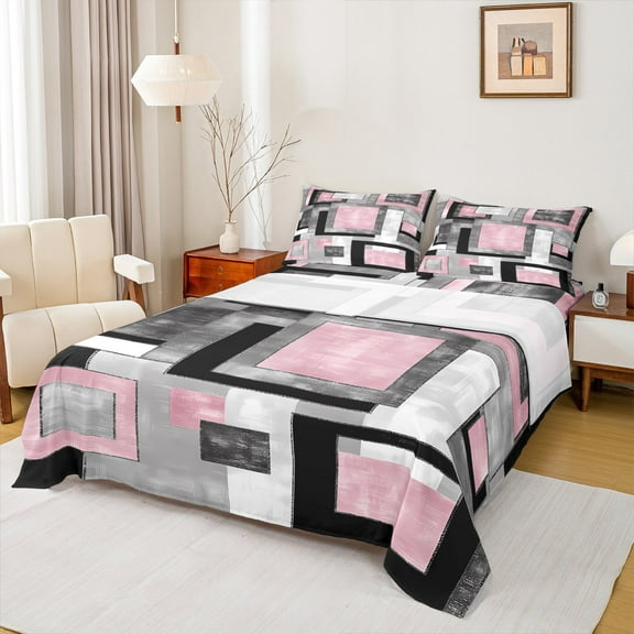 Manfei Pink Square Twin Sheet Sets for Adult, Abstract Ombre Twin Fitted Sheet, Modern Fashion Style Flat Sheet, Ultra Soft Home Decor, 3pcs