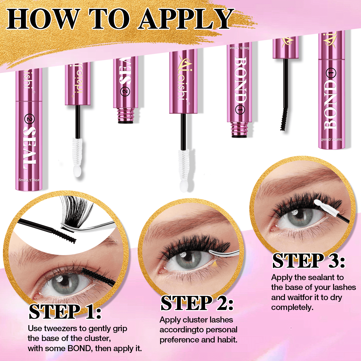 Lash Clusters Glue, Eyelash Bond and Seal, Long-Lasting 150H Waterproof, Non-Irritating Lash Extension Glue for DIY Individual Lashes at Home (Black-5ml+5ml)