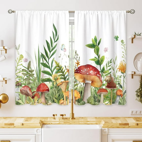 Mushroom Small Kitchen Curtains Sage Green Botanical Window Treatment Boho Wildflowers Plant Leaf Cafe Short Window Curtains for Bathroom Dining Laundry Room Tier Treatment Drapes 27.5x39 inch