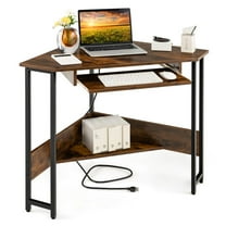 Finihen Triangle Corner Desk with Charging Station Keyboard Tray and Storage Shelf, Small Home Office Desk Study Writing Table, Brown
