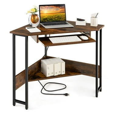 Finihen Triangle Corner Desk with Charging Station Keyboard Tray and Storage Shelf, Small Home Office Desk Study Writing Table, Brown