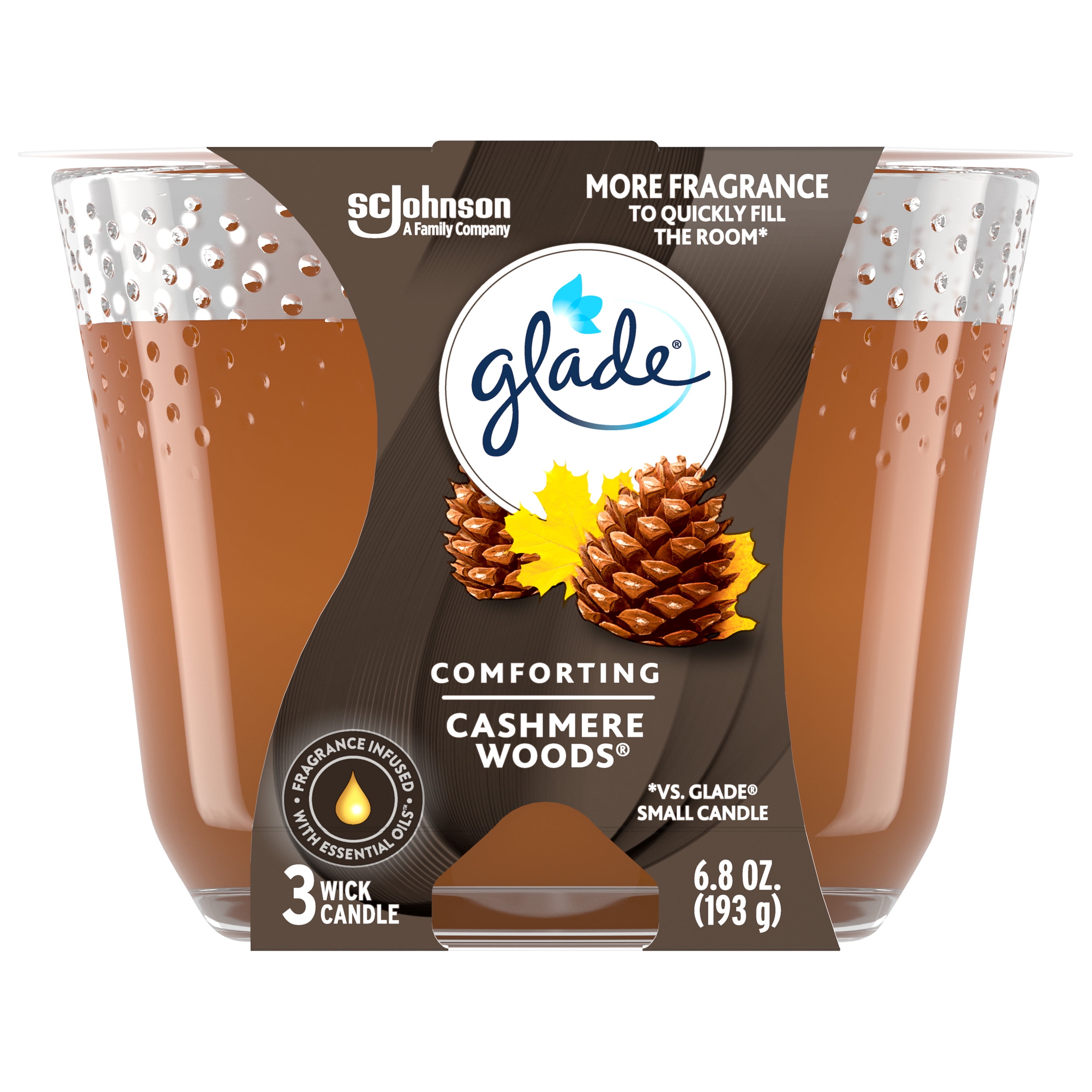 Glade 3-Wick Candle, Cashmere Woods, Fragrance Candle Infused with Essential Oils, 6.8oz