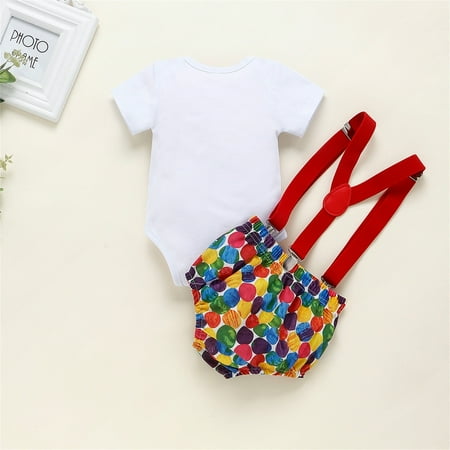 

nsendm Kids Boy One 1st Birthday Outfits Clothes Short Sleeve Bow Tie Romper Cartoon Prints Boys Shirt And Pants Set Childrenscostume White 12-18 Months