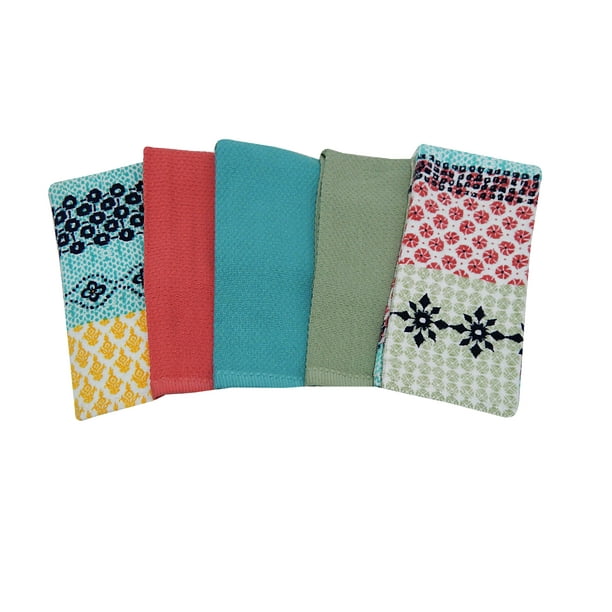 Mainstays 5 Pack Kitchen Towel Set Assorted Solid Print Walmart Com Walmart Com