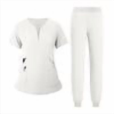 Women Nurse Work Uniform Purity Scrubs Set V-Neck Stretch Tops with Pockets & Jogger Pants Quick Dry Beige L
