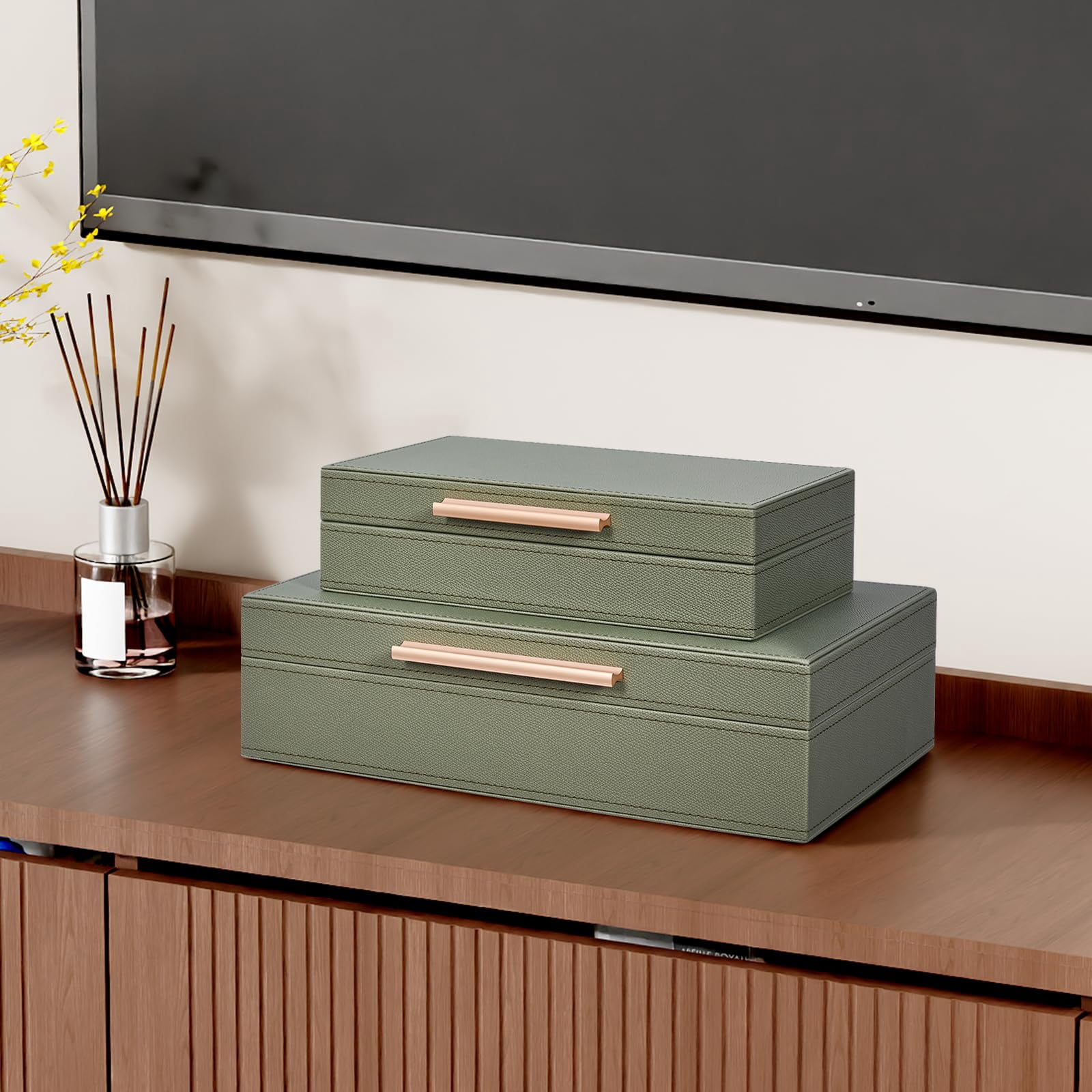 Decorative Boxes With Lids 2-set  Memory Box For Keepsakes Saving Space Beautiful Pu Leather Storage In Style Decor Metal Handles Store Photos Documents Green