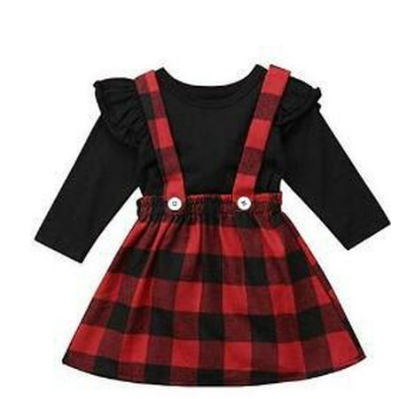 

NZRVAWS Baby Girls Fall Outfits 12 Months Baby Girls Solid Color Ruffle Sleeve 18 Months Baby Girls Top Plaid Print Straps Suspender Skirts 2Pcs Fall Clothes Set Black