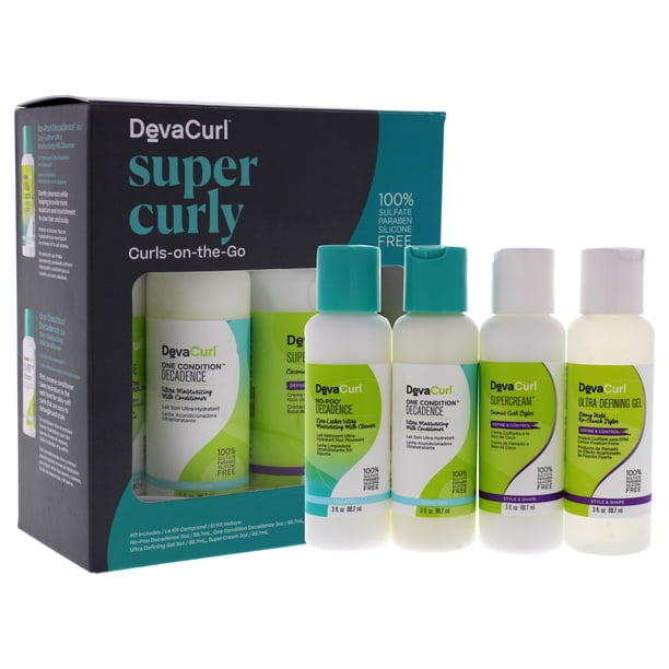 3oz No-Poo Decadence Zero-Lather Ultra Cleanser, 3oz One Condition Decadence Milk Conditioner, 3oz Ultra Defining Gel, 3oz Super Cream DevaCurl DevaCurl Super Curly Curls-On-The-Go Kit Decadence Zero Cleanser, Conditioner, Gel, Cream Unisex 4Pc