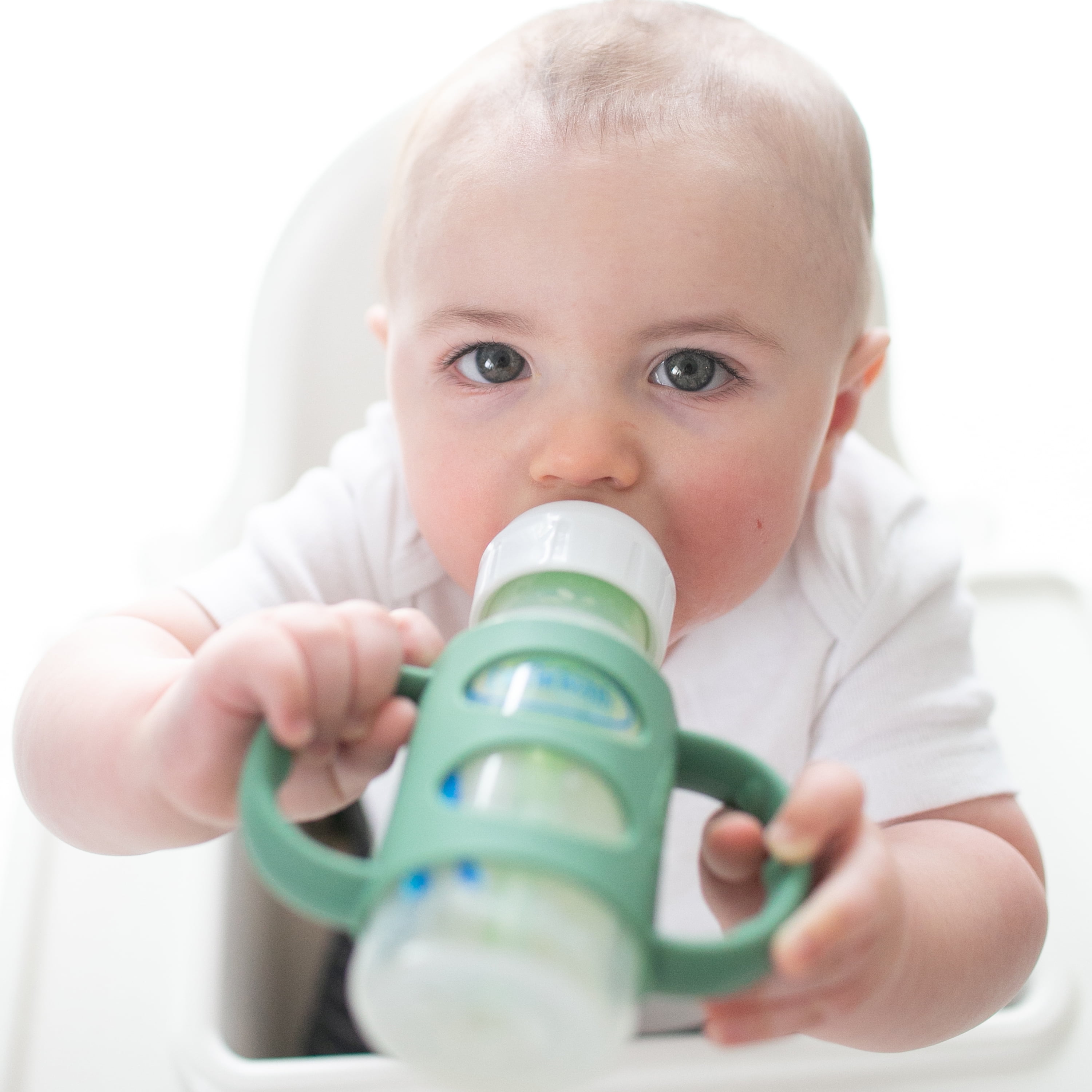Dr. Brown's Milestones 100% Silicone Baby Bottle Handles, Narrow, 4m+, Light Blue/Green/Gray, 3 Pack