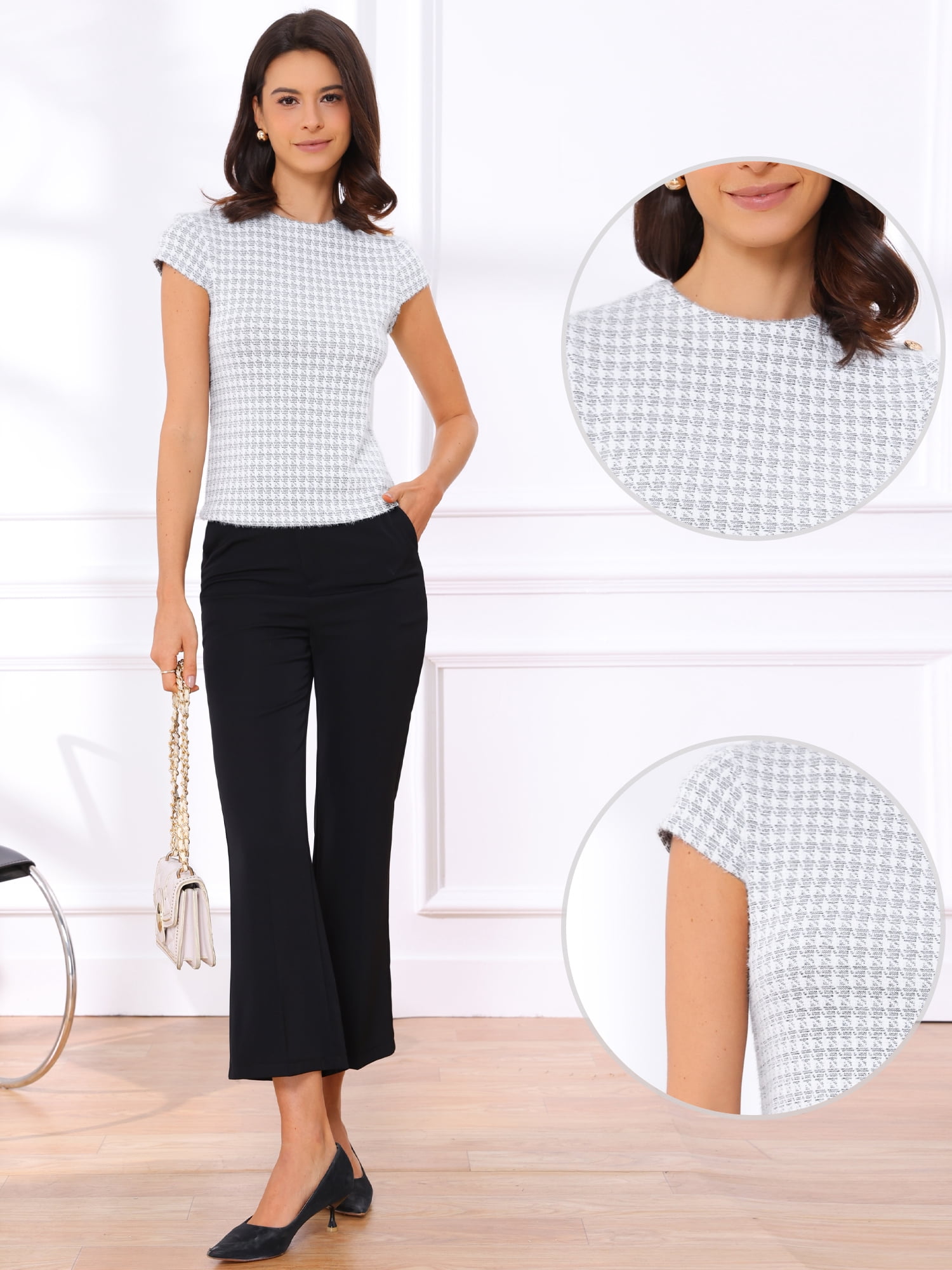 DARING DIVA Women's Crew Neck Cap Sleeve Knit Houndstooth Tweed Top S White