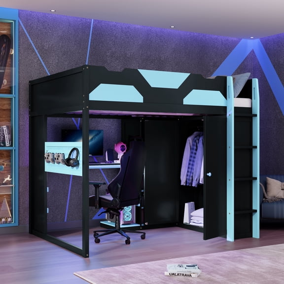 Mintazer Full Gaming Loft Bed with Adjustable Desk & Wardrobe, Modern Loft Bed with RGB Lights & Storage Pegboard, Black & Blue