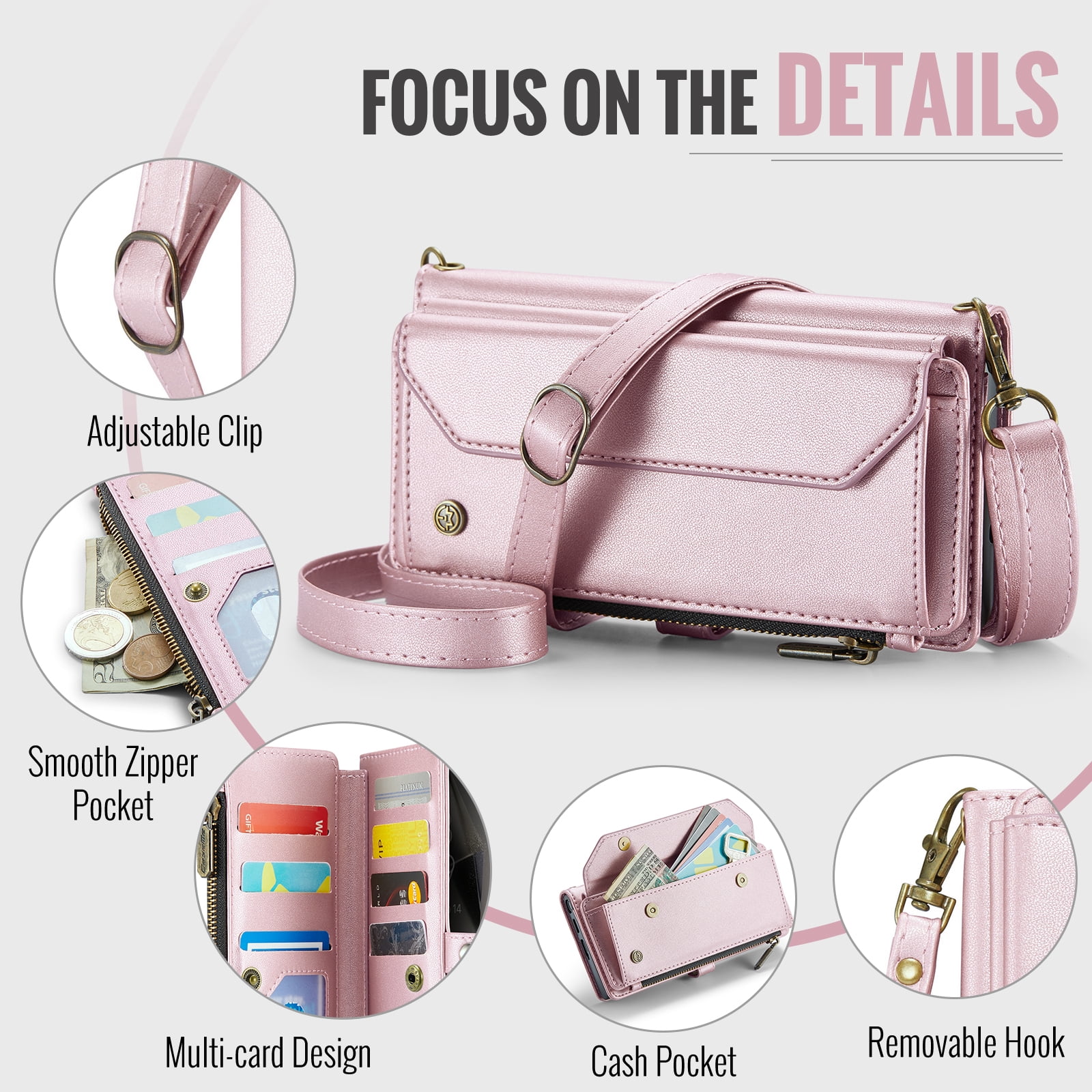for Samsung Galaxy S22 Ultra Full Body Protection Wallet Folio Flip Case, Shoulder Strap & Wristlet Card Slots Zipper Pocket RFID Blocking Rugged Durable PU Leather Phone Case Cover, Pink