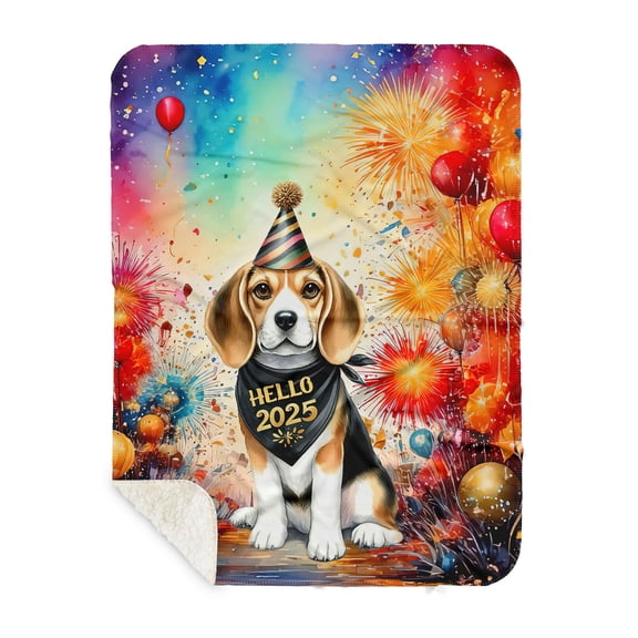 Hello 2025 Beagle Celebrates Happy New Year Firework Balloon Cozy Sherpa Blanket Beagles Dog Lover Gifts Idea Warm Soft Throw Blanket - 02024