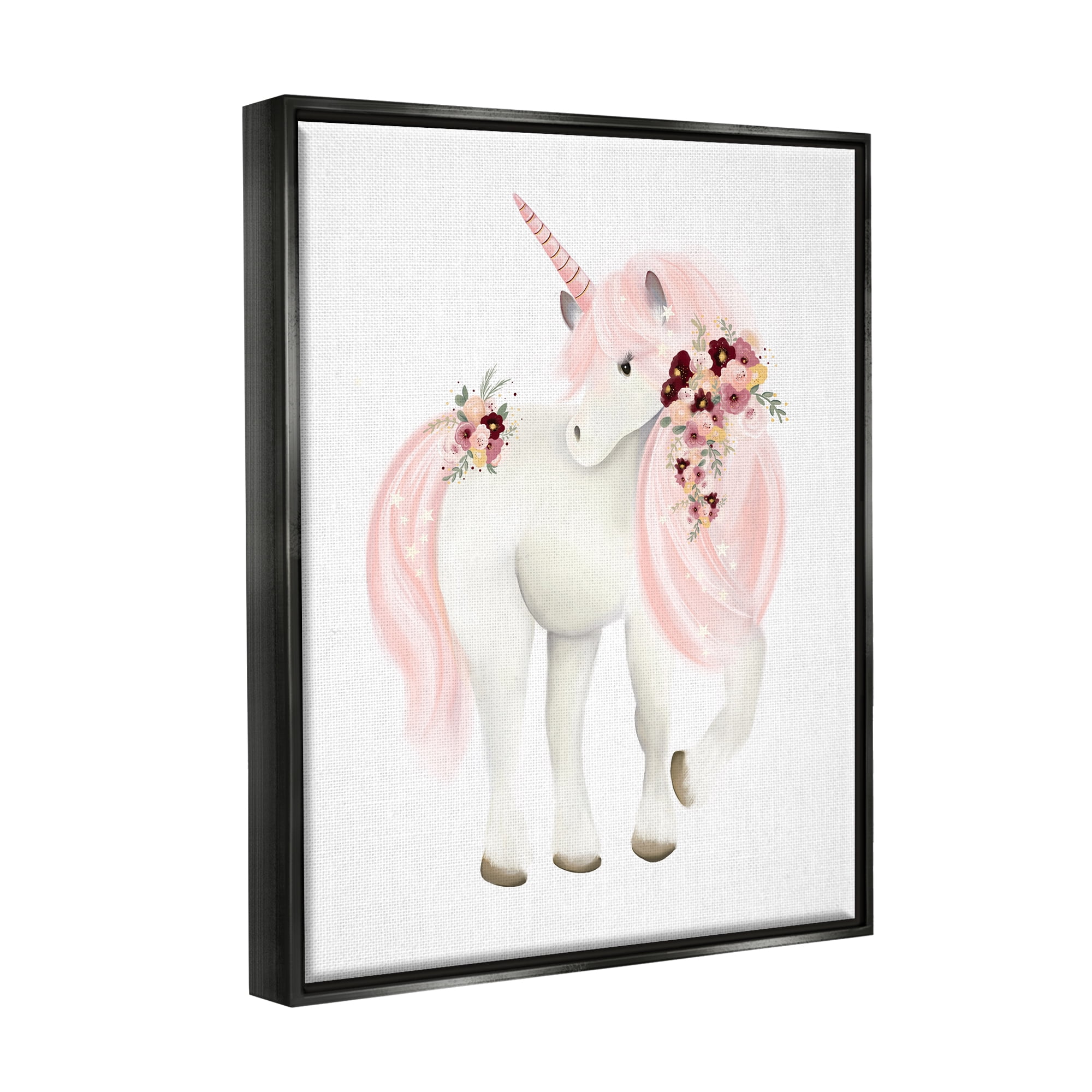 Stupell Industries Pastel Floral Unicorn Fairy Tales & Fantasy Painting Black Floater Framed Canvas Art Print Wall Art, 25 x 31