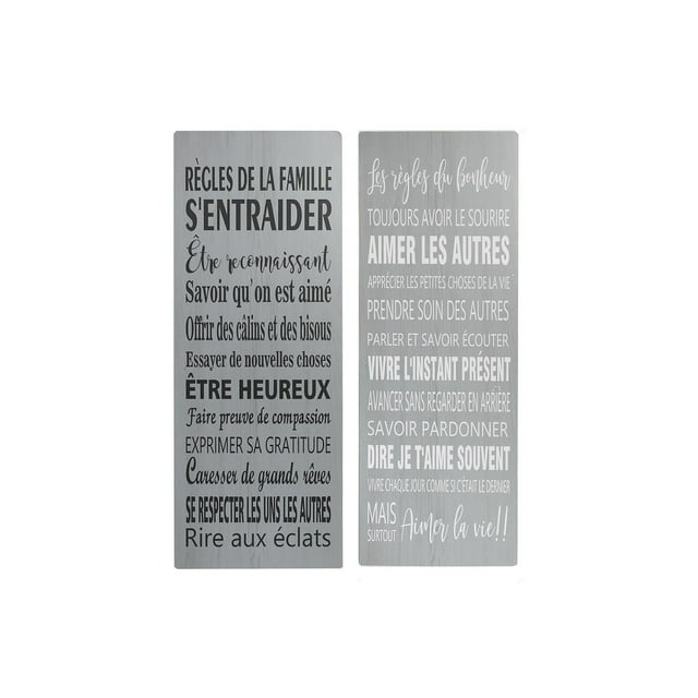Set of two wooden wall art panels featuring French text with family values and happiness rules in mixed fonts on gray wood grain background.