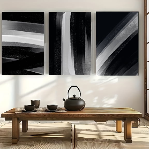 2D Flat, 3pcs Black White Abstract Line Art Set - Minimalist Modern Black & White Canvas Wall Paintings, Vertical Frameless Monochrome Line Drawings for Living Room, Bedroom, Kitchen, Office - Indoo