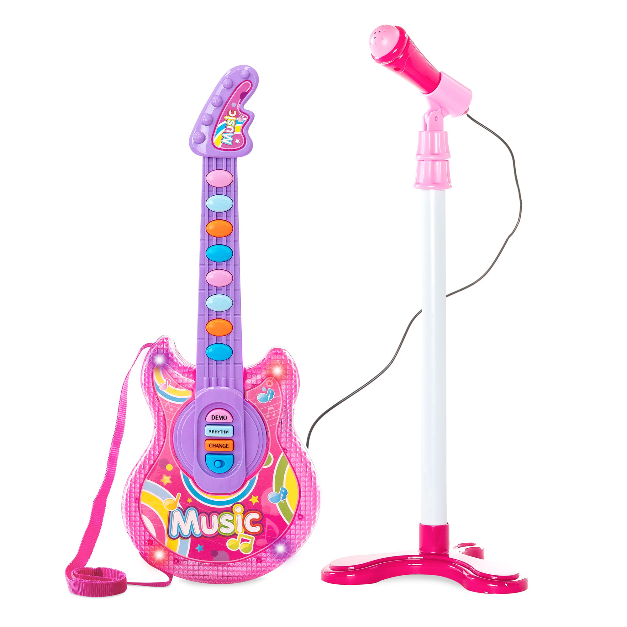 KIDS PINK GUITAR PLAY MUSICAL INSTRUMENT W/D STAGE MICROPHONE ELECTRONIC INDOOR 