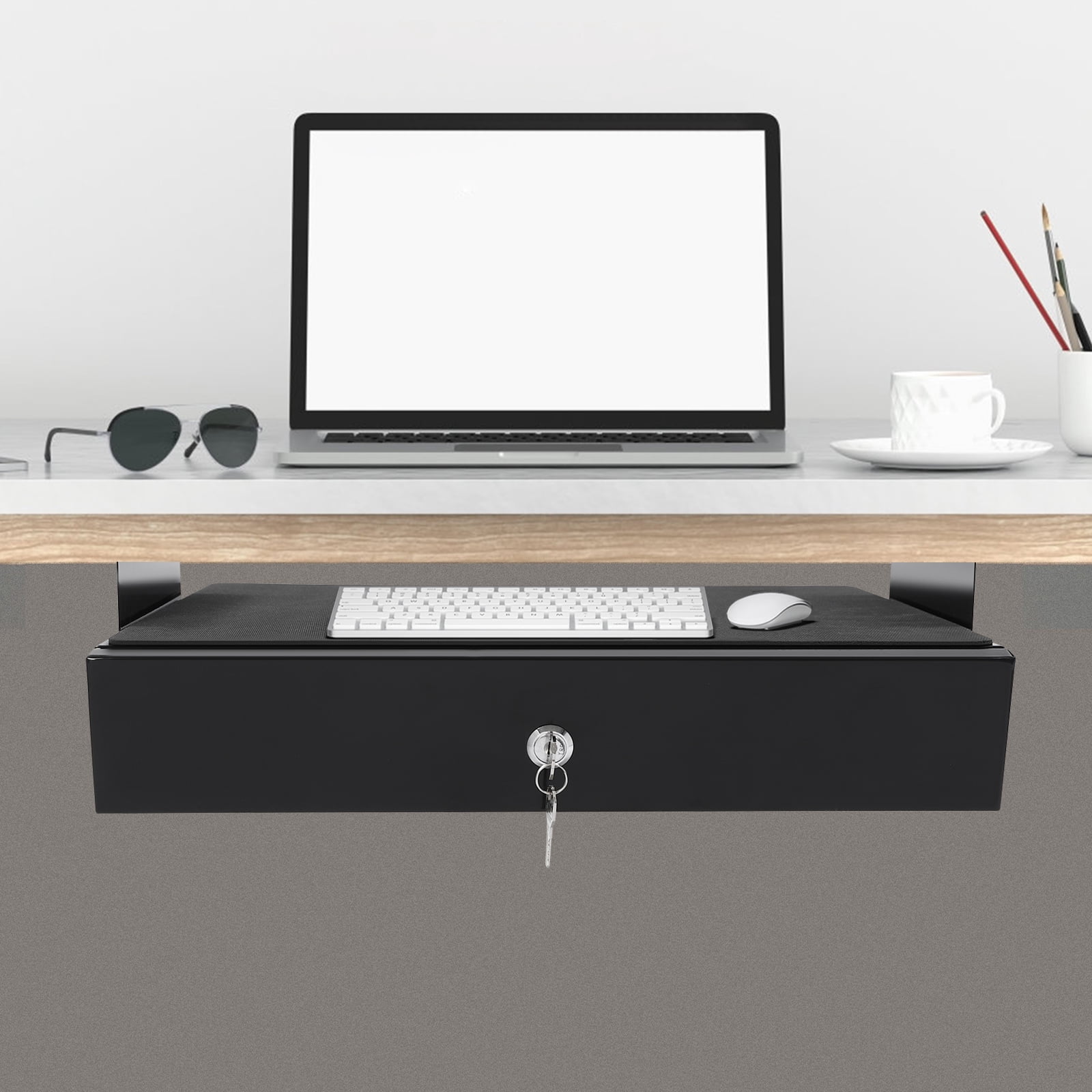 Modern Rectangular Black Under Desk Mounted Sliding Pull-out Drawer for Standing Desks, Pull-out Drawer