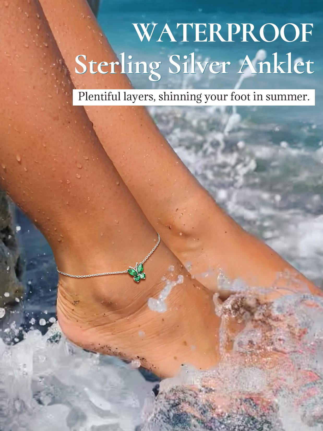 U7 Sterling Silver Anklet for Women Butterfly May Birthstone Foot Bracelet Summer Beach Holiday Jewelry Gift for Her Daughter Birthday