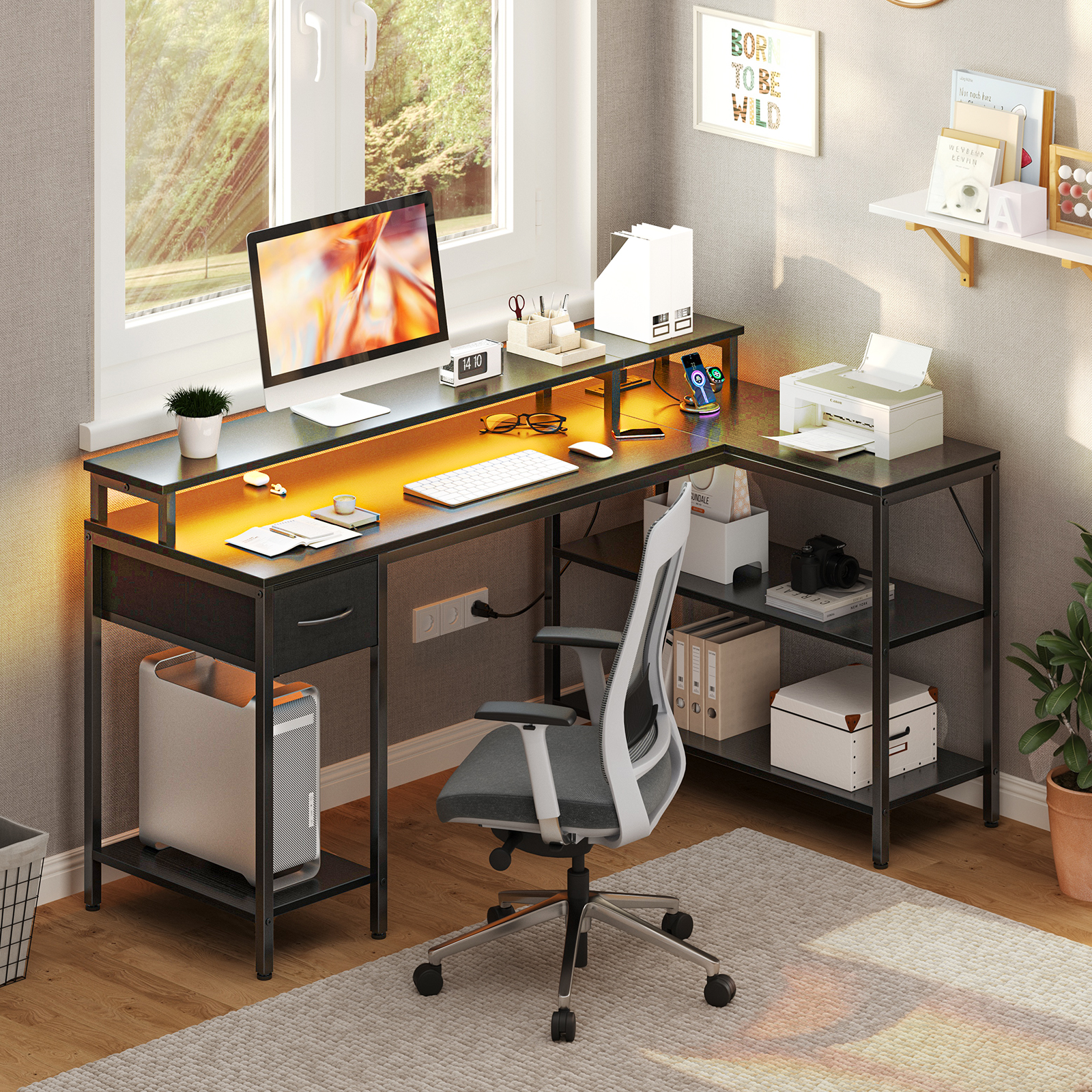 Sweetcrispy 53" L Shaped Computer Gaming Desk with USB Charging Ports & LED Lights, Reversible Corner Table with Power Outlets Monitor Stand for Home Office, Black