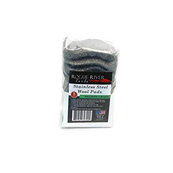 434 Stainless Steel Wool (8 pad Pack) - Medium Grade - by Rogue River Tools. Made in USA, Oil Free, Won?t Rust