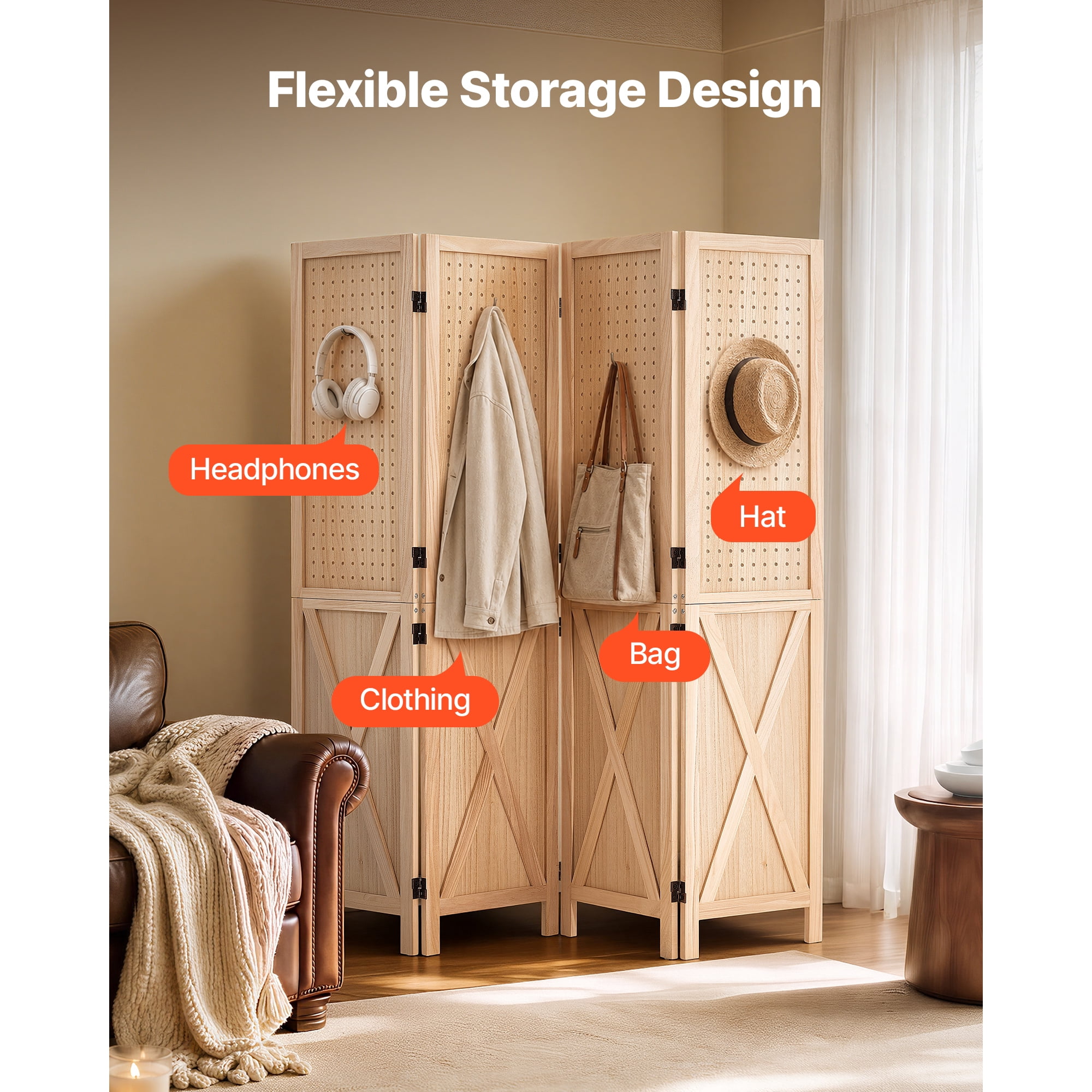 KFFKFF Wood Room Divider with 4 Panels, 59.8" Pegboard Folding Privacy Screen for Home Decor and Room Separation, Solid Frame with X Design, 360° Two-Way Hinges, Rustic Wooden Partition with Hardware