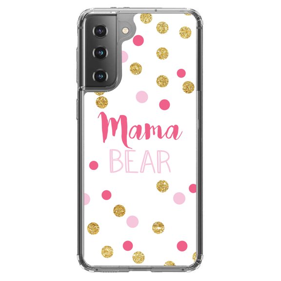 DistinctInk Clear Shockproof Hybrid Case for Galaxy S21 5G (6.2" Screen) - TPU Bumper, Acrylic Back, Tempered Glass Screen Protector - Pink White Gold "Mama Bear"