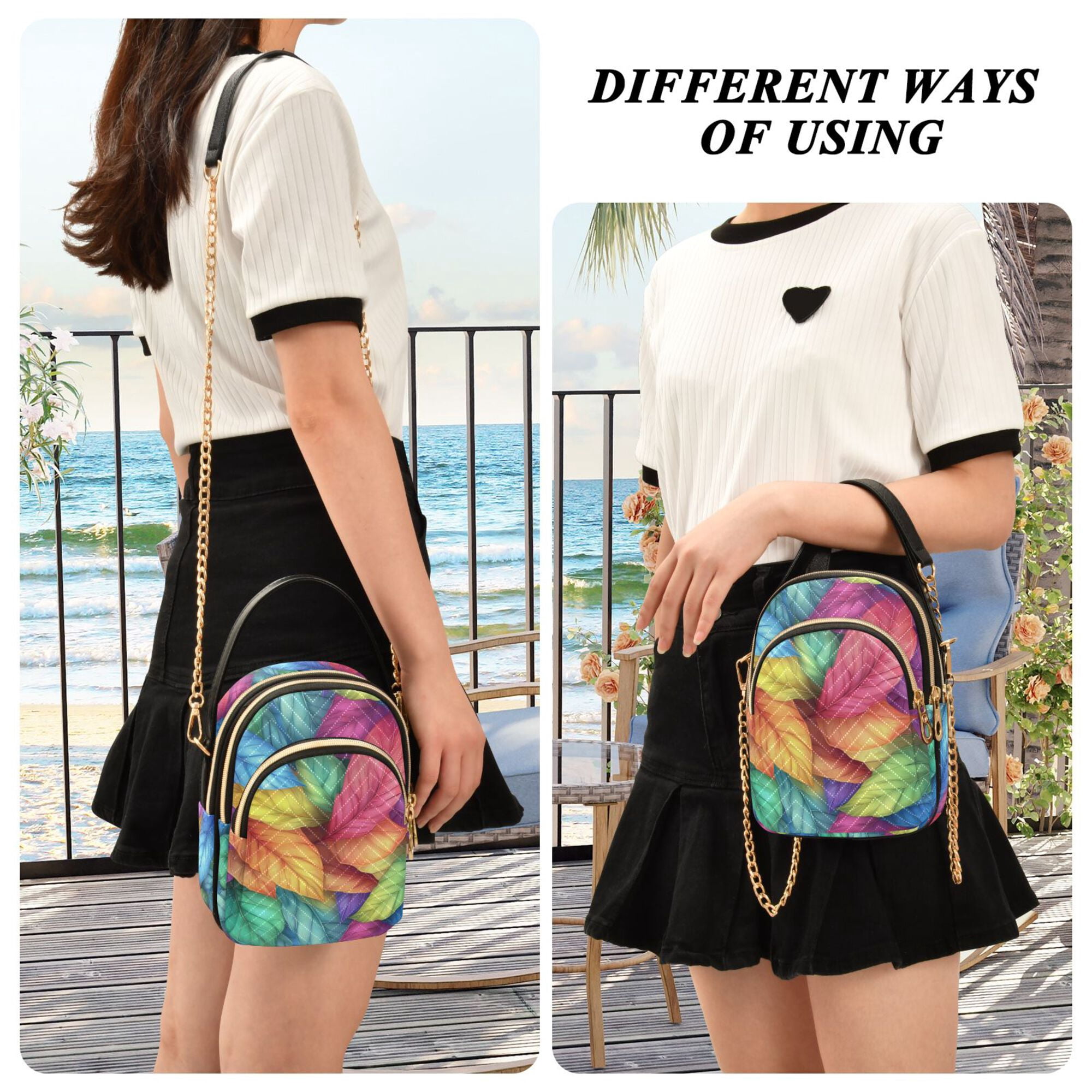 FORMRS Crossbody Bag for Women Quilted Travel Shoulder Cell Phone Purse with Chain Strap Handbag, Vibrant Leaves Pattern