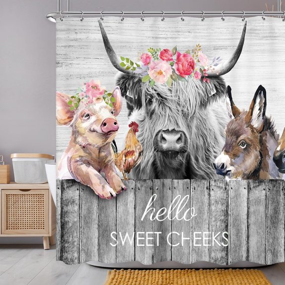Farm Cow Shower Curtain 60Wx72H Inch Funny Vintage Bull Cattles Western Animal Rustic Wooden Shower Curtain Bathroom Set Country Nature Waterproof Bath Decoration Accessories Home Decor