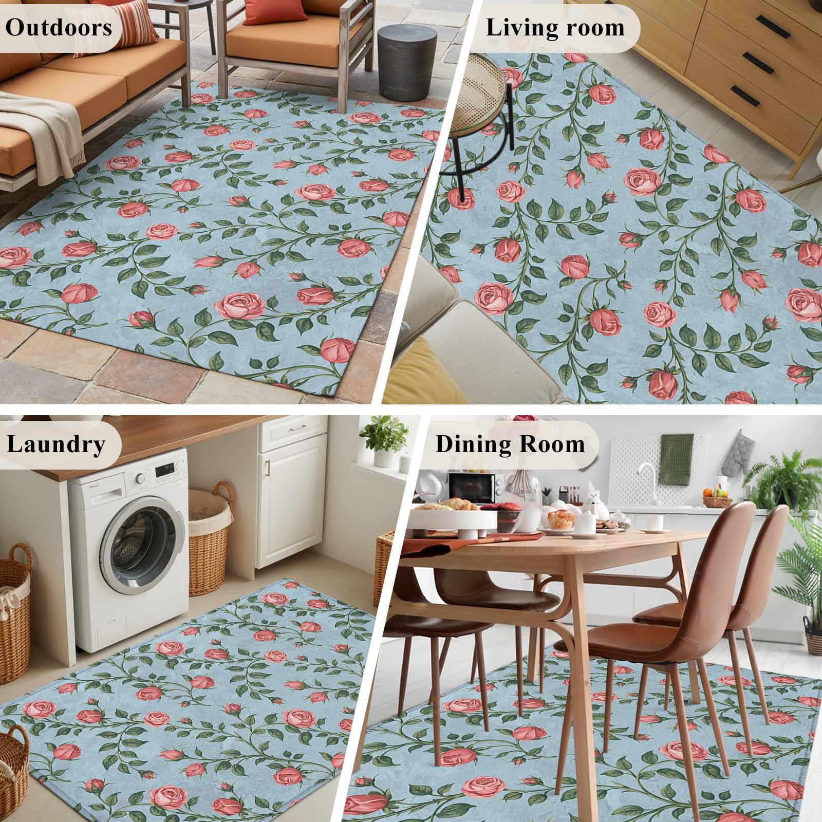 3'x5' Area Rugs, Spring Roses Botanical Indoor Outdoor Area Rug for Living Room Bedroom, Farmhouse Floral Blue Washable Bathroom Rugs Kitchen Floor Carpet Mats Home Decor Aesthetic