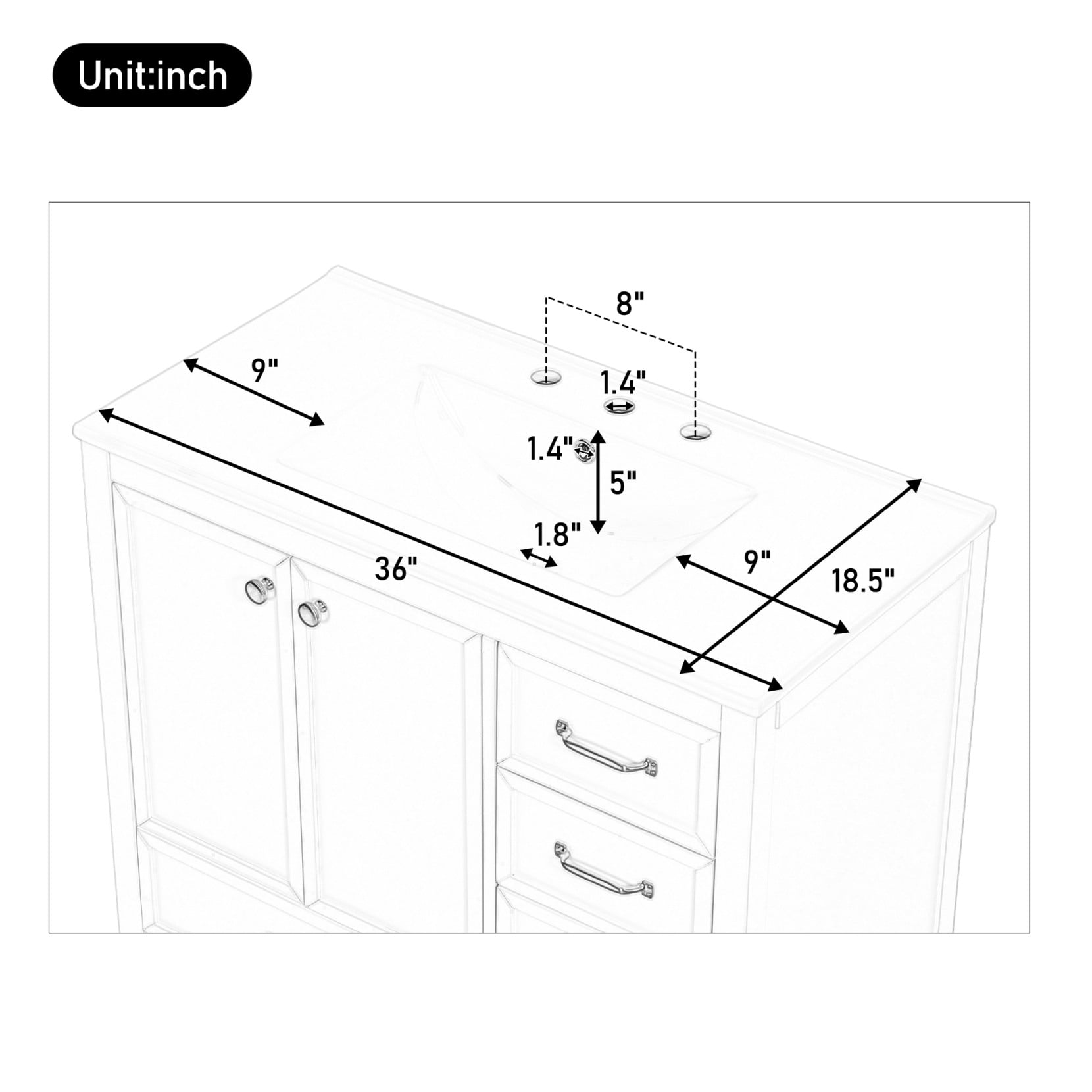 36" Bathroom Vanity with Sink Combo, Freestanding Bathroom Storage Cabinet with 4 Drawers and 2 Soft Closing Doors, Solid Wood Frame, White