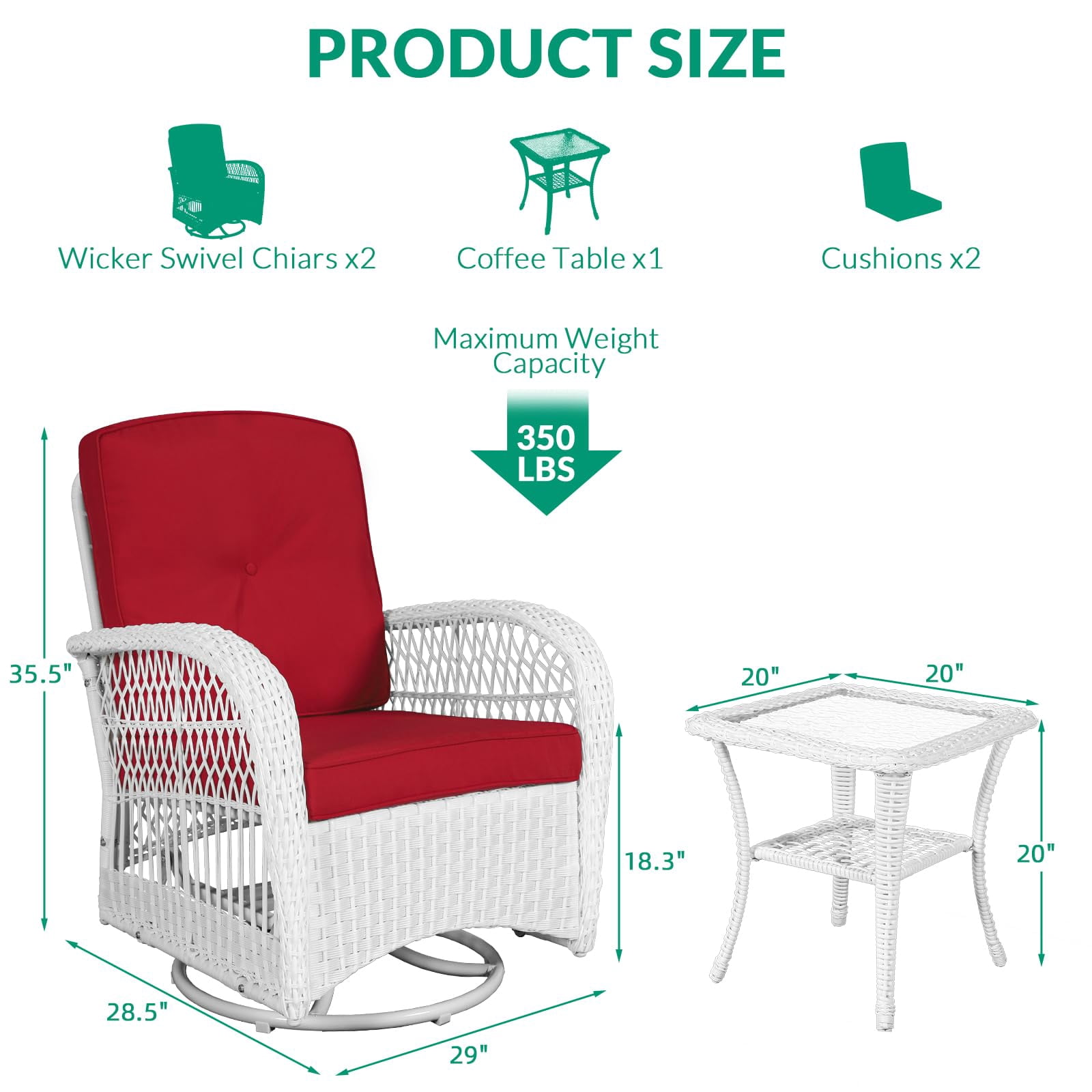 VIVIJASON 3-Piece Outdoor Conversation Bistro Set, Patio Swivel Glider Rocking Chairs Rattan Furniture Sets w/ 2 White Rattan Chairs, Glass Top Side Table for Porch Backyard, Red Cushions