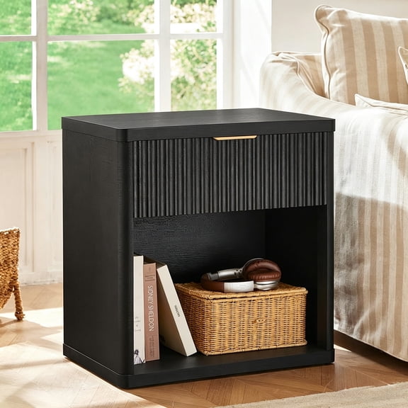 Buildhom Fluted Nightstand with Charging Station, 23" Wide Wood End Table with 1 Drawer & Open Shelf for Bedroom, Living Room, Black